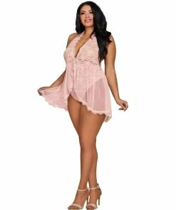 Dreamgirl International Plus Size Halter Plunge Lace Teddy With Flyaway Skirt