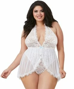 Dreamgirl International Plus Size Halter Plunge Lace Teddy With Flyaway Skirt Cottage Core