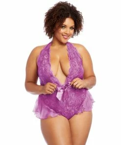 Dreamgirl International Plus Size Halter Scalloped Teddy With Fluttery Ruffles At Hip