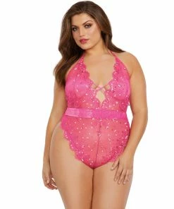 Dreamgirl International Bodysuits & Teddies Plus Size Sequin Embroidered Teddy With Plunging Neckline