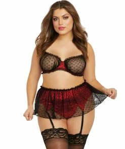 Dreamgirl International Lingerie Sets Plus Size Heart Mesh Bralette Garter Skirt & G-String Lingerie Set