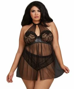 Dreamgirl International Babydolls & Chemises Plus Size High Neck Halter Flyaway Front Babydoll