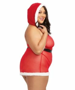 Dreamgirl International Plus Size Hooded Stretch Mesh Santa Chemise Set With Elastic Belt Buckle