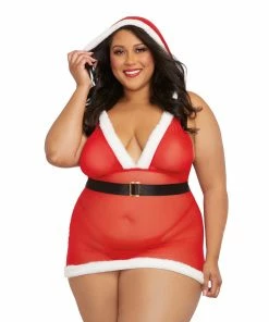 Dreamgirl International Plus Size Hooded Stretch Mesh Santa Chemise Set With Elastic Belt Buckle