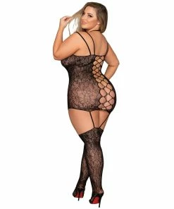 Dreamgirl International Plus Size Knitted Lace Garter Dress With Criss-Cross Detail