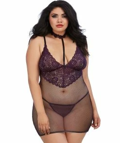 Dreamgirl International Plus Size Lace And Fishnet Chemise With Stretch Lace Collar Babydolls & Chemises