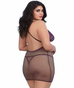 Dreamgirl International Plus Size Lace And Fishnet Chemise With Stretch Lace Collar Babydolls & Chemises