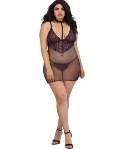 Dreamgirl International Plus Size Lace And Fishnet Chemise With Stretch Lace Collar Babydolls & Chemises