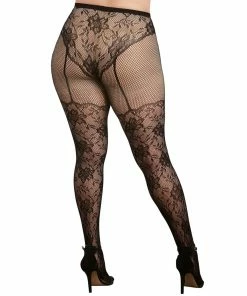 Dreamgirl International Plus Size Lace And Fishnet Pantyhose With High-Waisted Panty Design