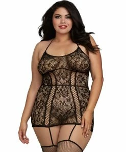 Dreamgirl International Plus Size Lace Garter Dress With Criss-Cross Details 7 Dreamgirl International Plus Size Lace Garter Dress With Criss-Cross Details