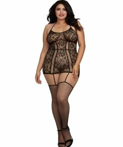 Dreamgirl International Plus Size Lace Garter Dress With Criss-Cross Details