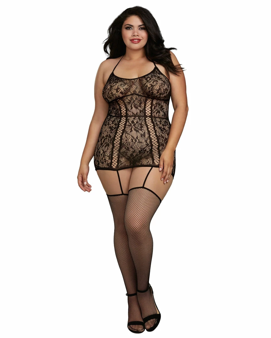 Dreamgirl International Plus Size Lace Garter Dress With Criss-Cross Details 1 Dreamgirl International Plus Size Lace Garter Dress With Criss-Cross Details