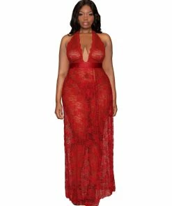 Dreamgirl International What's New Plus Size Lace Halter Gown Set With Scalloped-Edge Trim & High Side Slit Detail