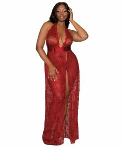 Dreamgirl International What's New Plus Size Lace Halter Gown Set With Scalloped-Edge Trim & High Side Slit Detail