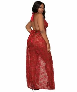 Dreamgirl International What's New Plus Size Lace Halter Gown Set With Scalloped-Edge Trim & High Side Slit Detail