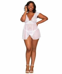 Dreamgirl International Plus Size Lace Mesh Babydoll & G-String Set With Exposed Underwire Cup Detail
