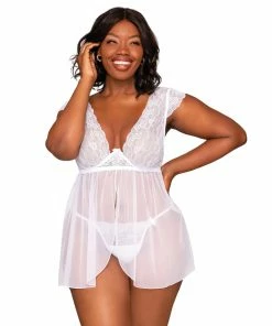 Dreamgirl International Plus Size Lace Mesh Babydoll & G-String Set With Exposed Underwire Cup Detail