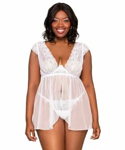 Dreamgirl International Plus Size Lace Mesh Babydoll & G-String Set With Exposed Underwire Cup Detail