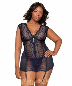 Dreamgirl International What's New Plus Size Lace & Mesh Garter Slip Set With Plunging Neckline & Matching G-String