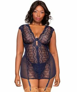 Dreamgirl International What's New Plus Size Lace & Mesh Garter Slip Set With Plunging Neckline & Matching G-String