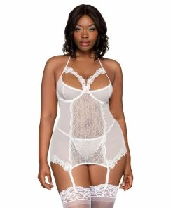 Dreamgirl International What's New Plus Size Lace & Mesh Underwire Garter Slip & G-String Set With Venise Lace Detail