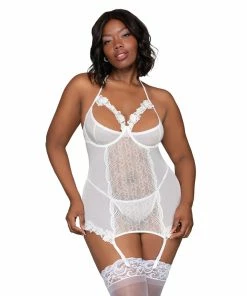 Dreamgirl International What's New Plus Size Lace & Mesh Underwire Garter Slip & G-String Set With Venise Lace Detail