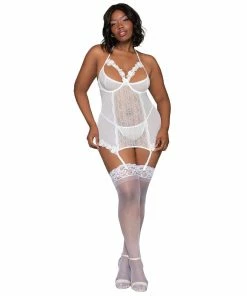 Dreamgirl International What's New Plus Size Lace & Mesh Underwire Garter Slip & G-String Set With Venise Lace Detail