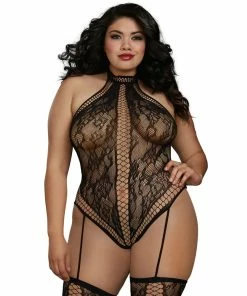 Dreamgirl International Plus Size Lace Teddy Bodystocking With Thigh High Stockings