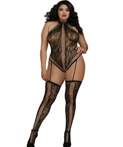 Dreamgirl International Plus Size Lace Teddy Bodystocking With Thigh High Stockings