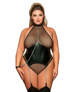 Dreamgirl International Plus Size Large Fishnet Corset-Style Halter Teddy With Attached Collar & Chain Leash Accent What's New