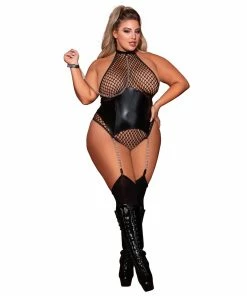 Dreamgirl International Plus Size Large Fishnet Corset-Style Halter Teddy With Attached Collar & Chain Leash Accent What's New