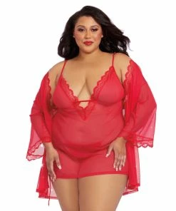 Dreamgirl International Plus Size Mesh Chemise & Robe Set With Matching G-String