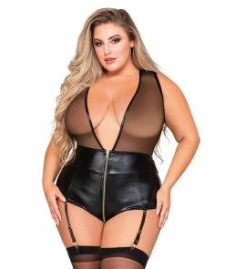 Dreamgirl International Plus Size Mesh & Faux Leather Garter Teddy With Plunging Neckline