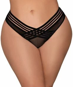 Dreamgirl International What's New Plus Size Mesh Thong With Shadow Stripe Elastic Front Detail