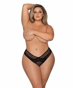 Dreamgirl International What's New Plus Size Mesh Thong With Shadow Stripe Elastic Front Detail