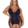 Dreamgirl International Plus Size Microfiber & Mesh Garter Slip With Double Garter Strap & Gold Ring Detail