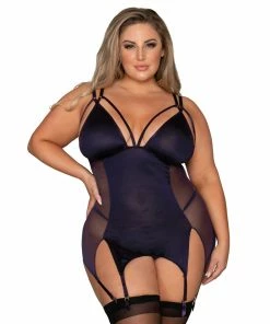 Dreamgirl International Plus Size Microfiber & Mesh Garter Slip With Double Garter Strap & Gold Ring Detail