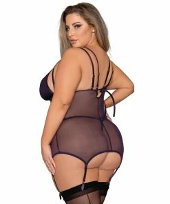 Dreamgirl International Plus Size Microfiber & Mesh Garter Slip With Double Garter Strap & Gold Ring Detail