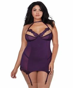 Dreamgirl International Plus Size Microfiber Underwire Shelf Bra & Mesh Garter Slip
