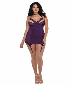 Dreamgirl International Plus Size Microfiber Underwire Shelf Bra & Mesh Garter Slip