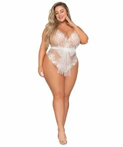 Dreamgirl International Plus Size Open Back Halter Teddy With Delicate Embroidery & Gold Ring Details