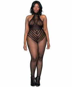 Dreamgirl International Plus Size Open Crotch Stripped Fishnet Bodystocking Halter Neck & T-Back Strap