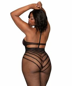 Dreamgirl International Plus Size Open Crotch Stripped Fishnet Bodystocking Halter Neck & T-Back Strap