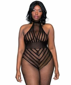 Dreamgirl International Plus Size Open Crotch Stripped Fishnet Bodystocking Halter Neck & T-Back Strap