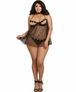 Dreamgirl International Plus Size Open Cup Mesh Babydoll With Venise Lace Choker Babydolls & Chemises