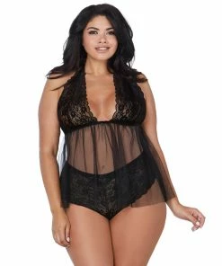 Dreamgirl International LINGERIE Plus Size Retro Lace & Mesh Flyaway Babydoll