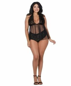 Dreamgirl International LINGERIE Plus Size Retro Lace & Mesh Flyaway Babydoll