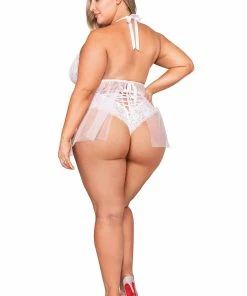 Dreamgirl International Plus Size Retro Short Stretch Lace & Mesh Halter Babydoll With Fly-A-Way Back What's New