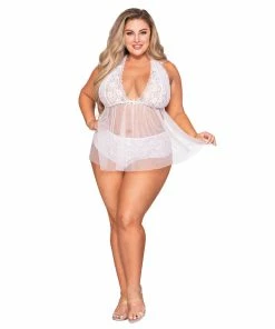 Dreamgirl International Plus Size Retro Short Stretch Lace & Mesh Halter Babydoll With Fly-A-Way Back What's New