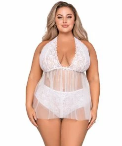 Dreamgirl International Plus Size Retro Short Stretch Lace & Mesh Halter Babydoll With Fly-A-Way Back What's New